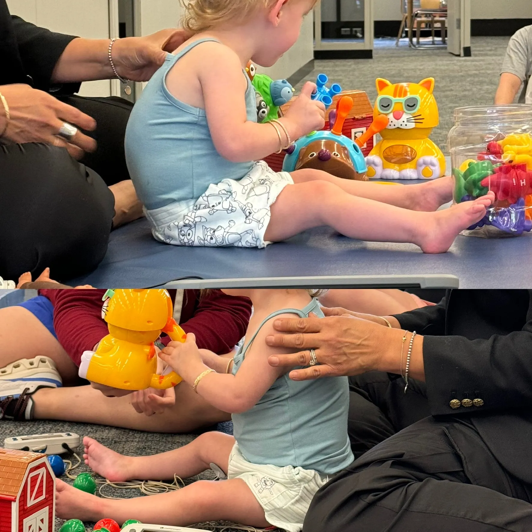 A toddler playing with toys on a mat while therapists guide the session, shown from two angles